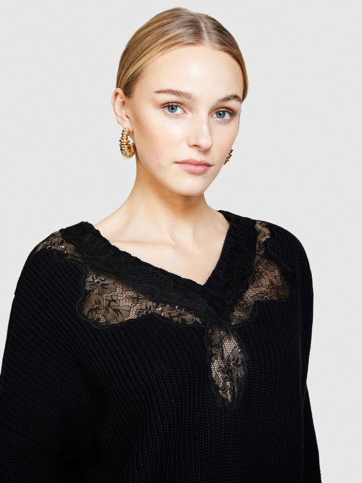 Sweater with lace - women's v-neck sweaters - Black | Sisley image number 5
